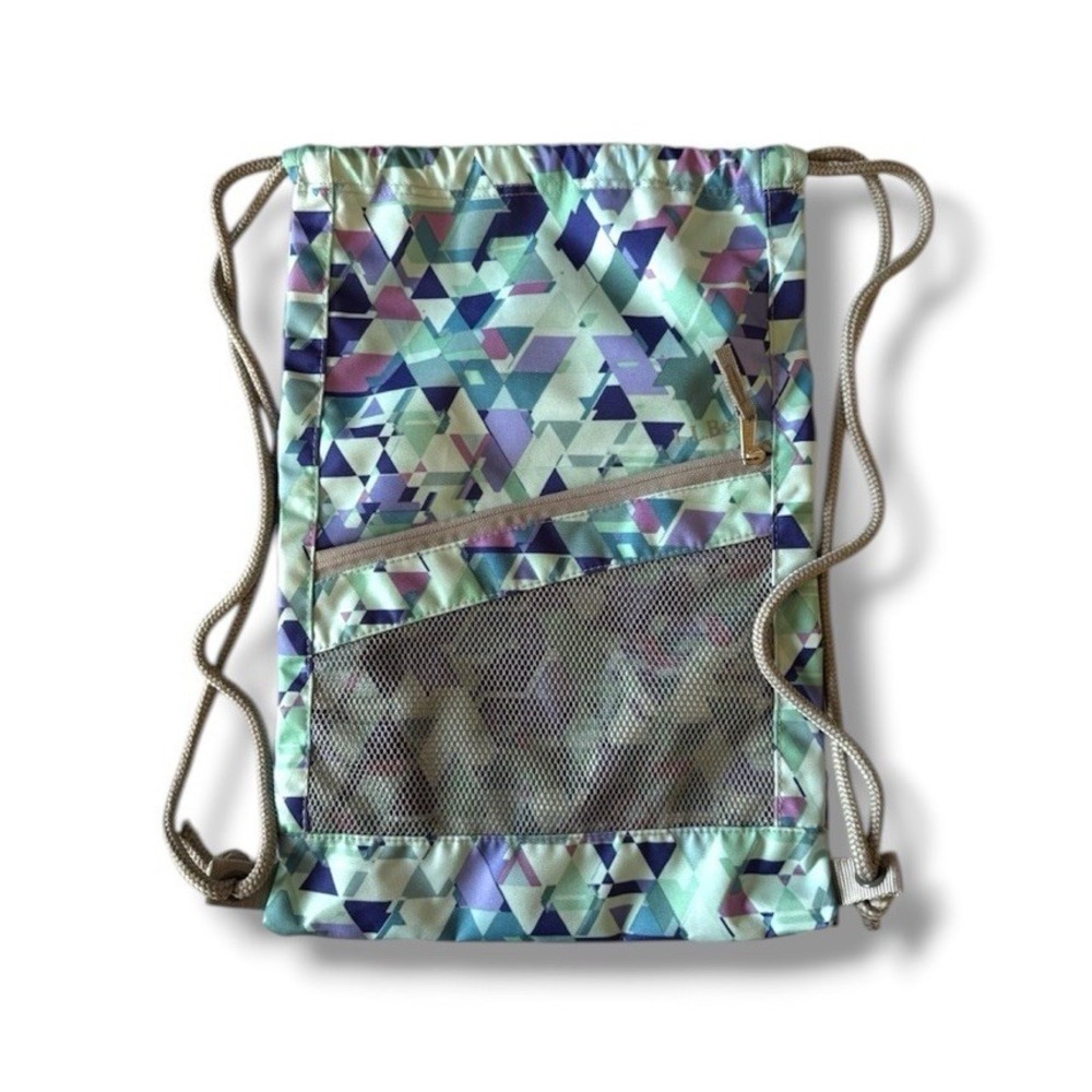 LL Bean Drawstring Cinch Bag Purple Teal Geometric Backpack Travel School Gym
